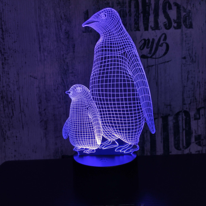 Két Pingvin 7 színű  3D led lámpa