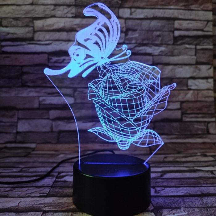 Pillangó a rózsán 7 színű 3D led lámpa