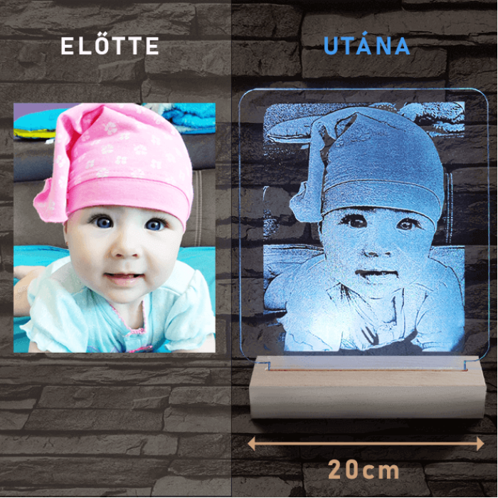 Nagy szív rózsával és kis szívekkel, egyedi fotógravírozás fatalppal 7 színű 3D led lámpa