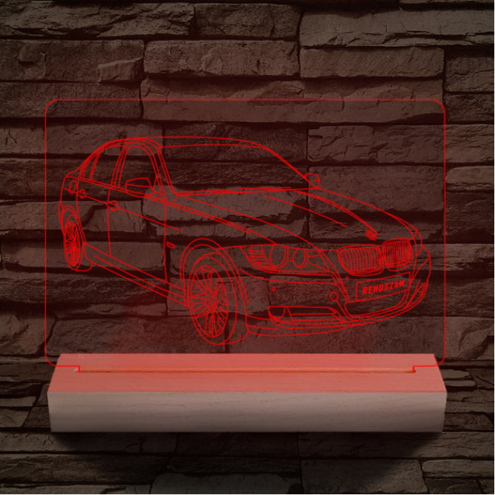 BMW 3 E90 egyedi rendszámmal személyre szabott 20 cm fa talppal 7 színű 3D led lámpa