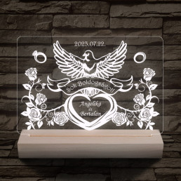 Esküvő, házassági évforduló személyre szabott 20 cm fa talppal 7 színű 3D led lámpa