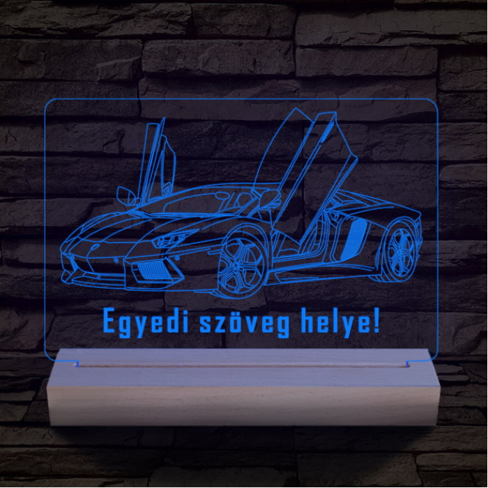 Lamborghini Aventador egyedi rendszámmal személyre szabott 20 cm fa talppal 7 színű 3D led lámpa