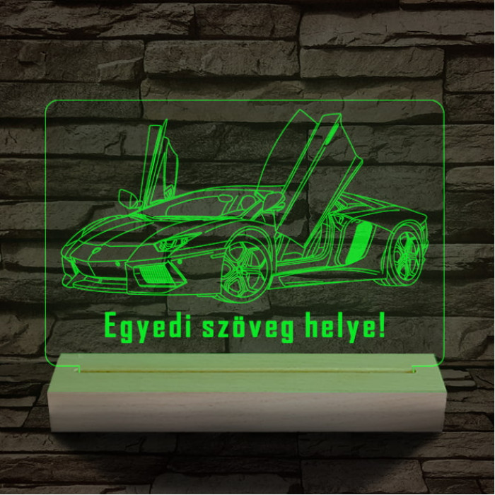 Lamborghini Aventador egyedi rendszámmal személyre szabott 20 cm fa talppal 7 színű 3D led lámpa
