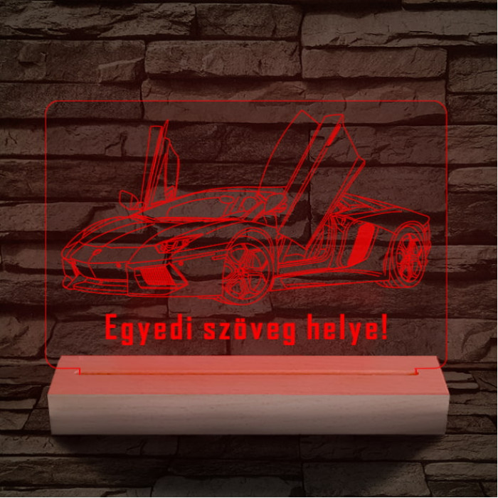 Lamborghini Aventador egyedi rendszámmal személyre szabott 20 cm fa talppal 7 színű 3D led lámpa