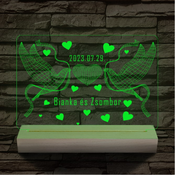 Esküvő galambokkal, házassági évforduló személyre szabott 20 cm fa talppal 7 színű 3D led lámpa