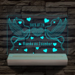 Esküvő galambokkal, házassági évforduló személyre szabott 20 cm fa talppal 7 színű 3D led lámpa