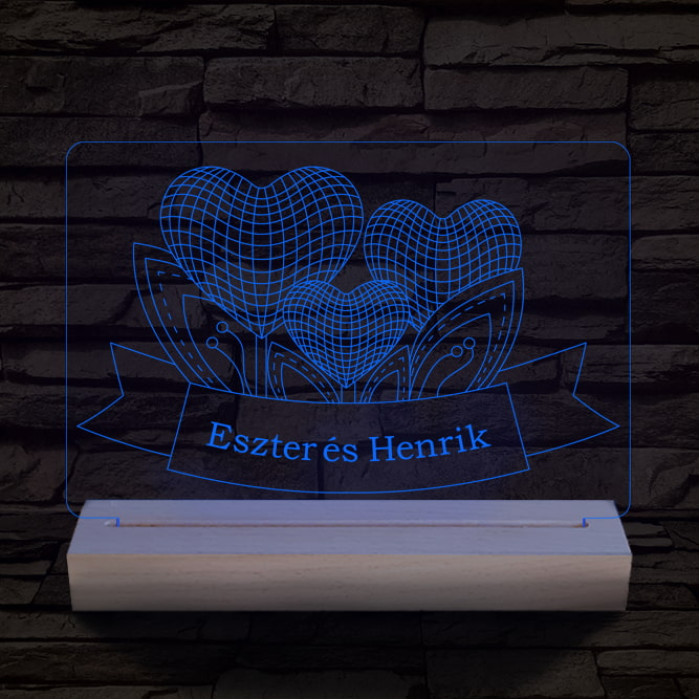 Szív szerelem személyre szabott 20 cm fa talppal 7 színű 3D led lámpa