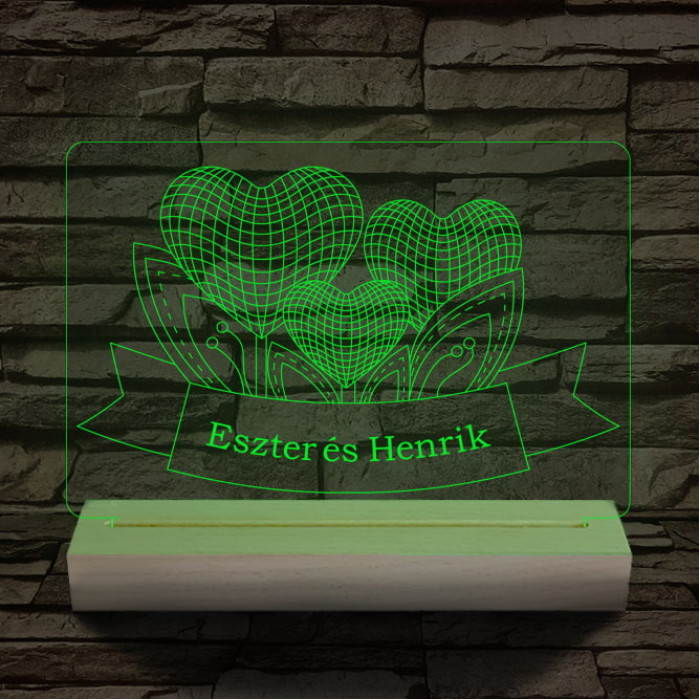 Szív szerelem személyre szabott 20 cm fa talppal 7 színű 3D led lámpa