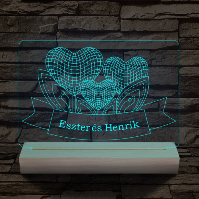 Szív szerelem személyre szabott 20 cm fa talppal 7 színű 3D led lámpa