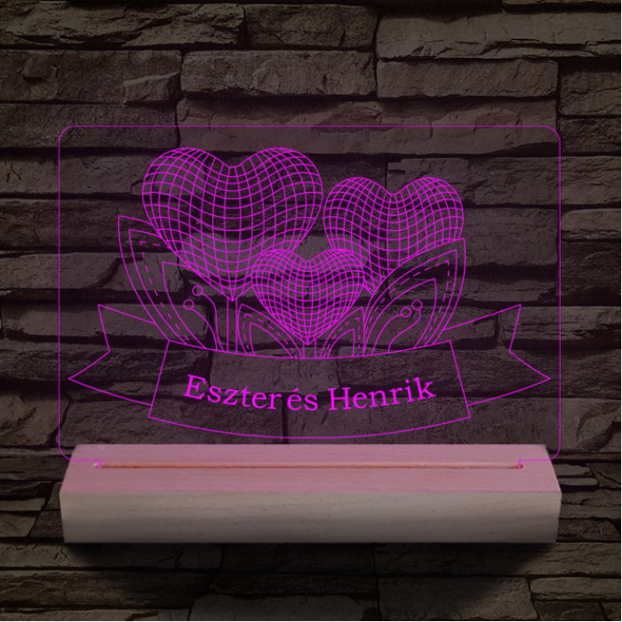 Szív szerelem személyre szabott 20 cm fa talppal 7 színű 3D led lámpa