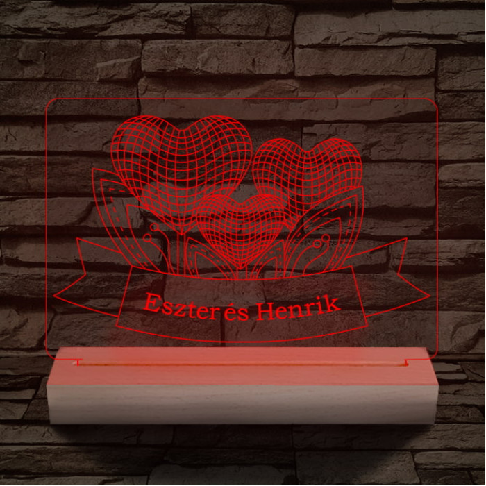 Szív szerelem személyre szabott 20 cm fa talppal 7 színű 3D led lámpa