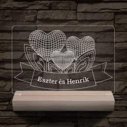 Szív szerelem személyre szabott 20 cm fa talppal 7 színű 3D led lámpa