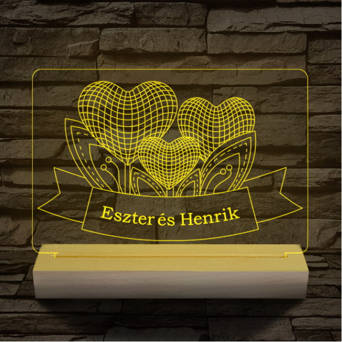 Szív szerelem személyre szabott 20 cm fa talppal 7 színű 3D led lámpa