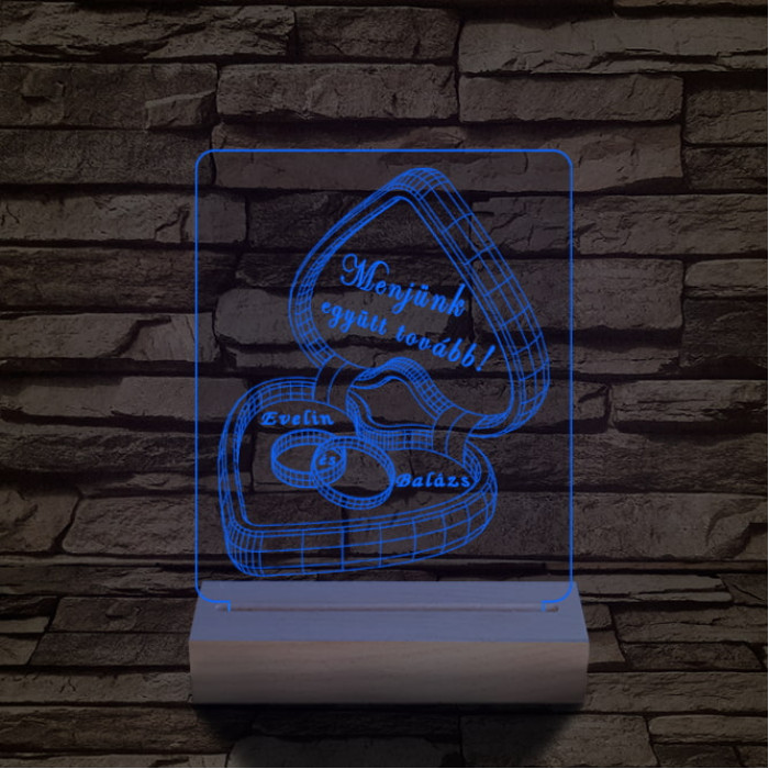 Jegygyűrű doboz személyre szabott 20 cm fa talppal 7 színű 3D led lámpa