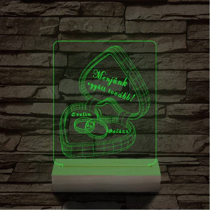 Jegygyűrű doboz személyre szabott 20 cm fa talppal 7 színű 3D led lámpa