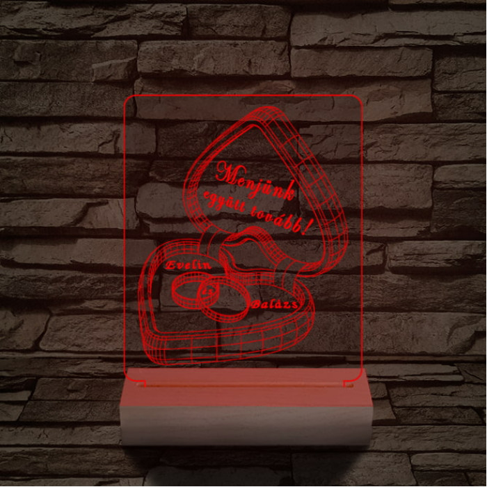 Jegygyűrű doboz személyre szabott 20 cm fa talppal 7 színű 3D led lámpa
