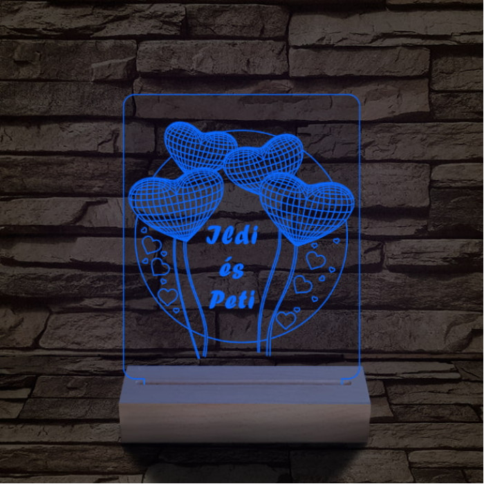 Szív lufi személyre szabott 20 cm fa talppal 7 színű 3D led lámpa