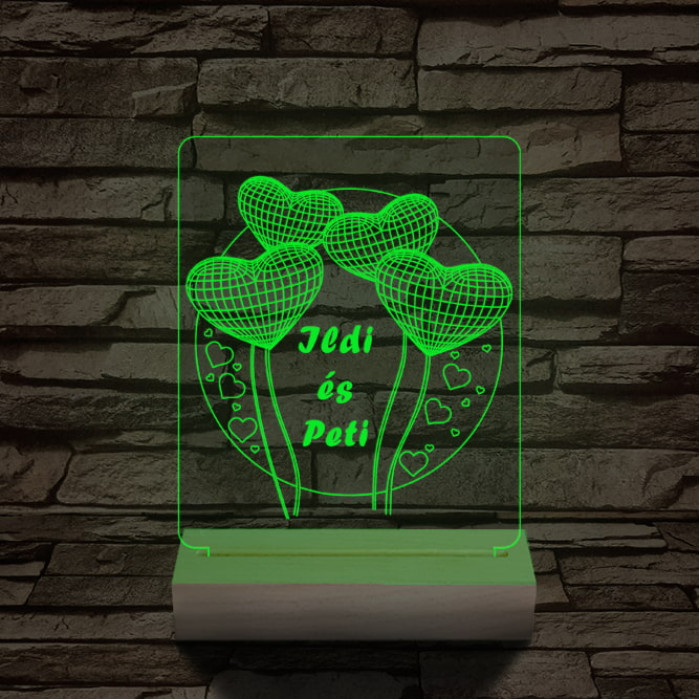 Szív lufi személyre szabott 20 cm fa talppal 7 színű 3D led lámpa
