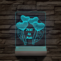 Szív lufi személyre szabott 20 cm fa talppal 7 színű 3D led lámpa