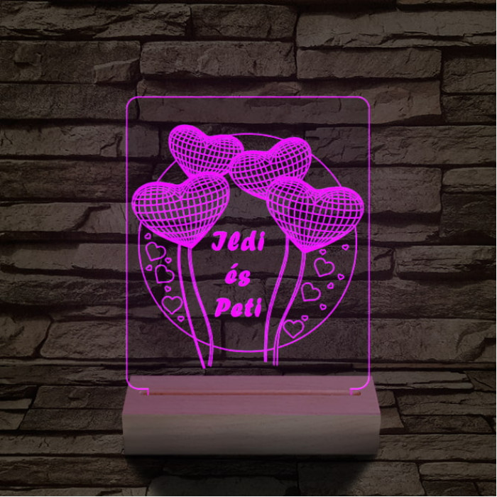 Szív lufi személyre szabott 20 cm fa talppal 7 színű 3D led lámpa