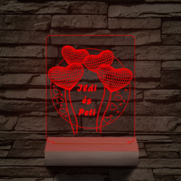 Szív lufi személyre szabott 20 cm fa talppal 7 színű 3D led lámpa
