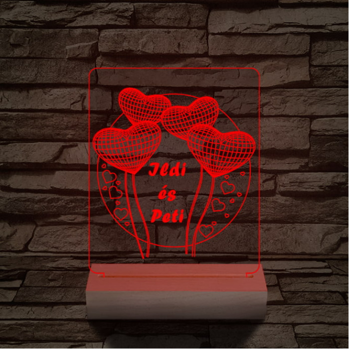 Szív lufi személyre szabott 20 cm fa talppal 7 színű 3D led lámpa