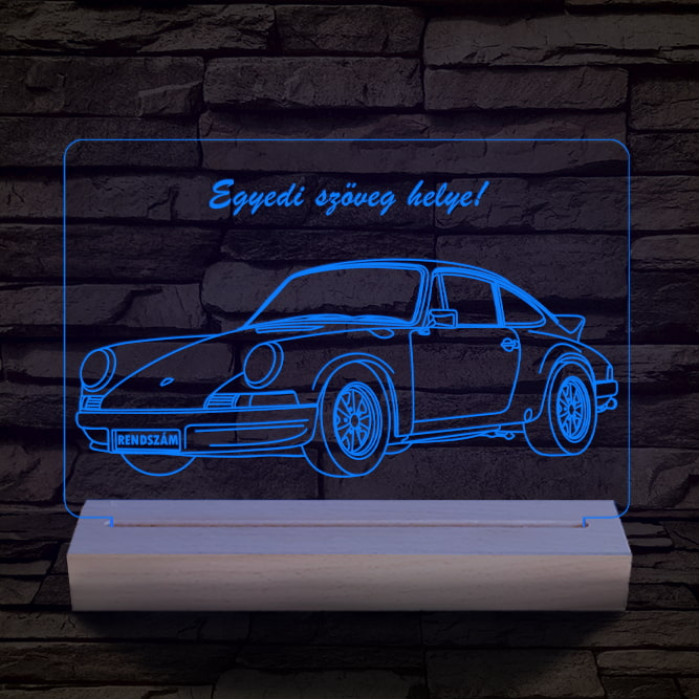 Porsche egyedi rendszámmal személyre szabott 20 cm fa talppal 7 színű 3D led lámpa