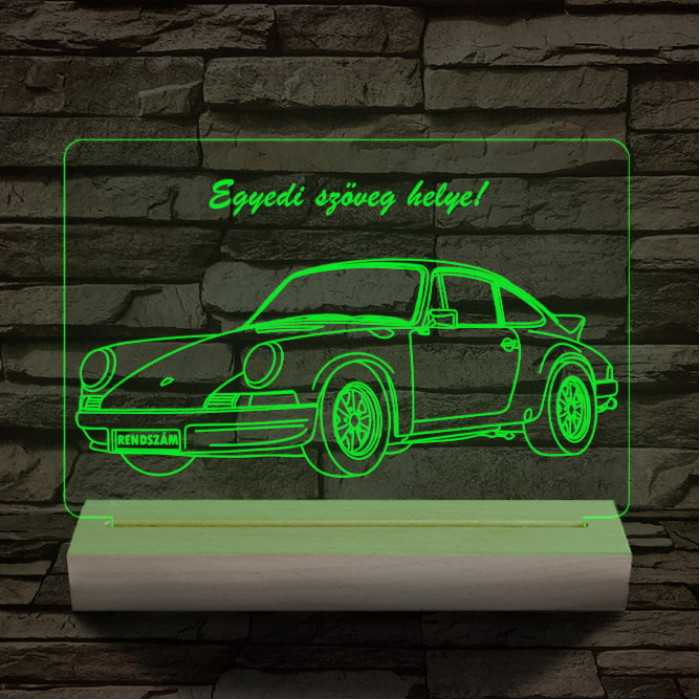 Porsche egyedi rendszámmal személyre szabott 20 cm fa talppal 7 színű 3D led lámpa