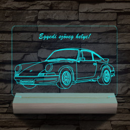 Porsche egyedi rendszámmal személyre szabott 20 cm fa talppal 7 színű 3D led lámpa