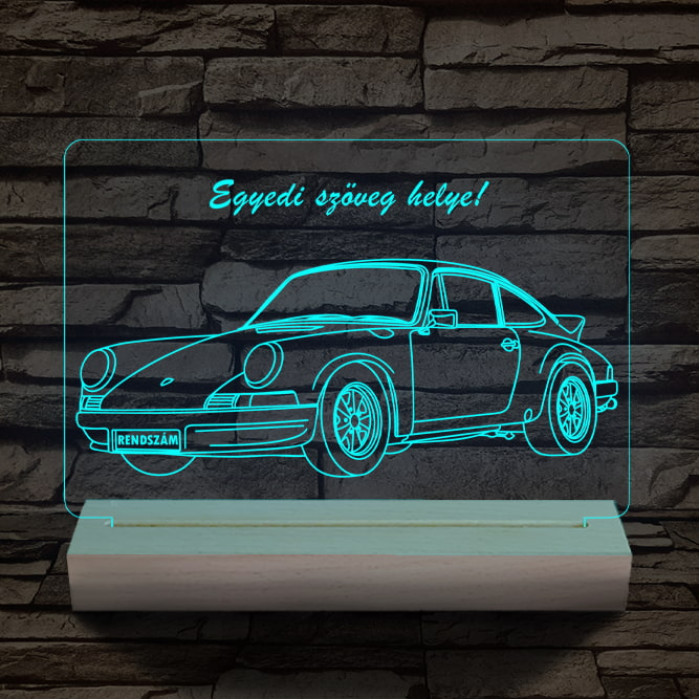 Porsche egyedi rendszámmal személyre szabott 20 cm fa talppal 7 színű 3D led lámpa