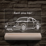 Porsche egyedi rendszámmal személyre szabott 20 cm fa talppal 7 színű 3D led lámpa