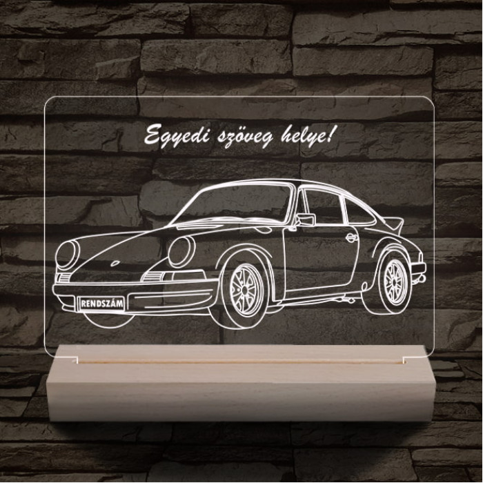 Porsche egyedi rendszámmal személyre szabott 20 cm fa talppal 7 színű 3D led lámpa