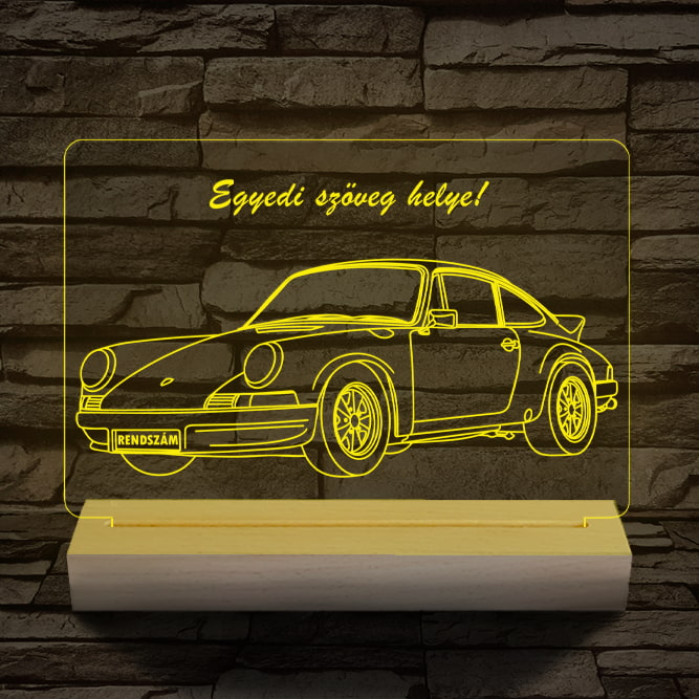 Porsche egyedi rendszámmal személyre szabott 20 cm fa talppal 7 színű 3D led lámpa