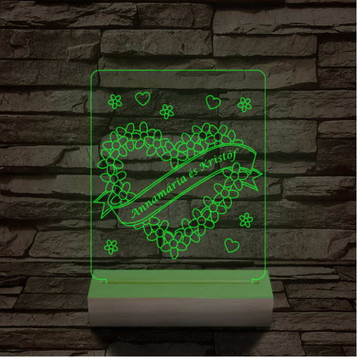 Szalagos szív személyre szabott 20 cm fa talppal 7 színű 3D led lámpa