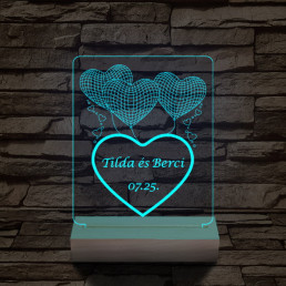 Lufi szívek személyre szabott 20 cm fa talppal 7 színű 3D led lámpa