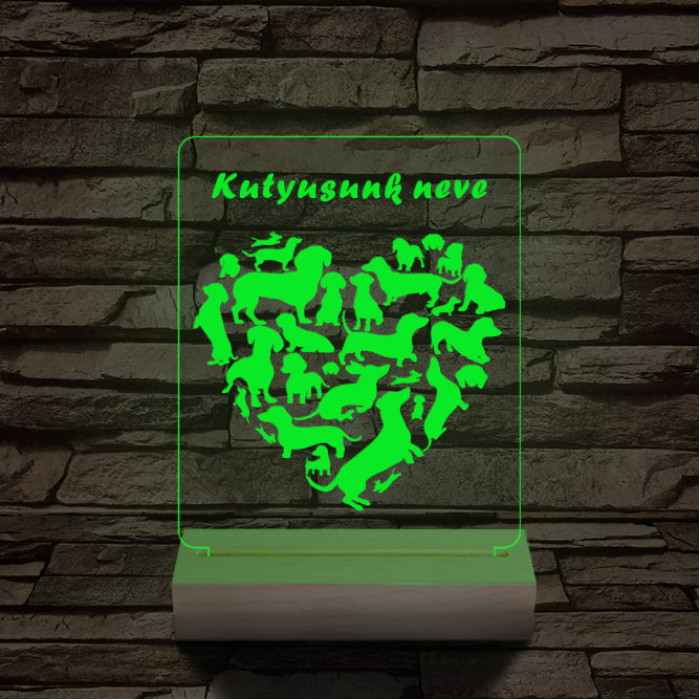 Tacskó kutya személyre szabott 20 cm fa talppal 7 színű 3D led lámpa