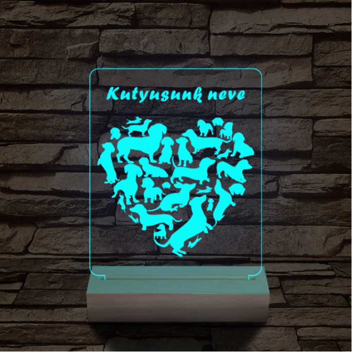 Tacskó kutya személyre szabott 20 cm fa talppal 7 színű 3D led lámpa