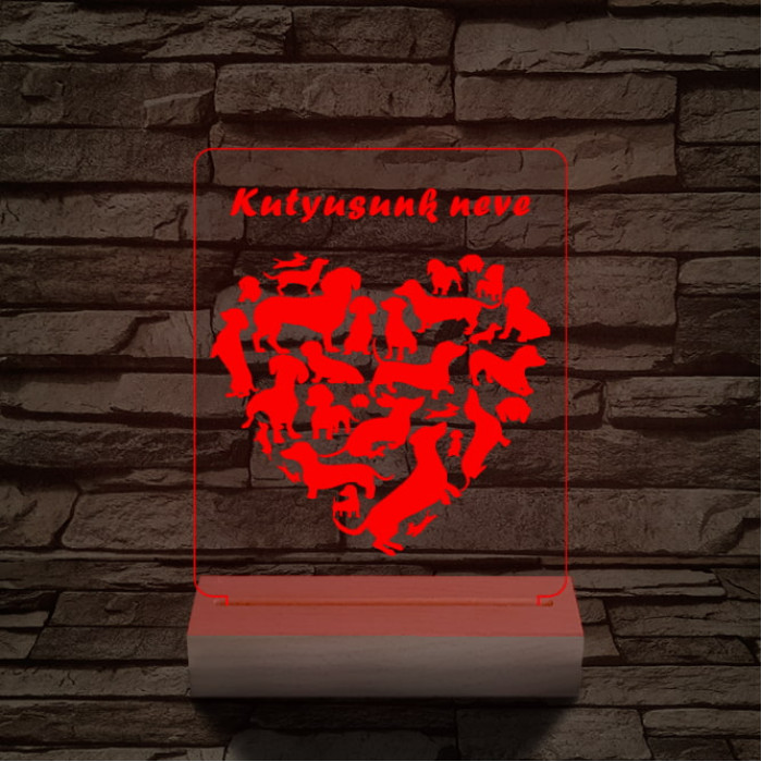 Tacskó kutya személyre szabott 20 cm fa talppal 7 színű 3D led lámpa