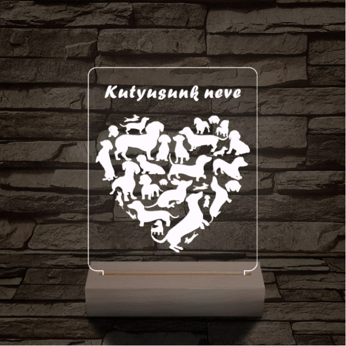 Tacskó kutya személyre szabott 20 cm fa talppal 7 színű 3D led lámpa