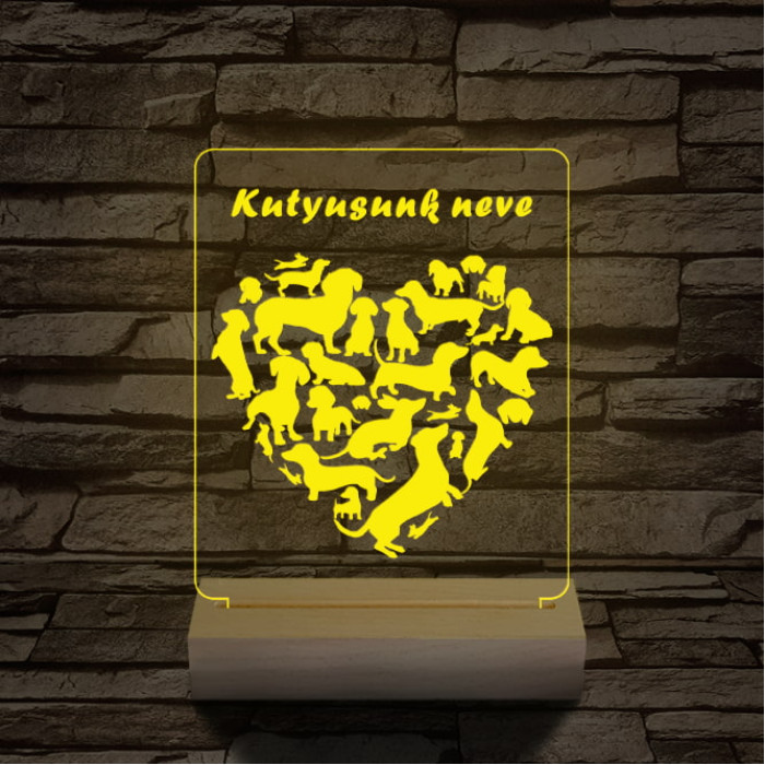 Tacskó kutya személyre szabott 20 cm fa talppal 7 színű 3D led lámpa
