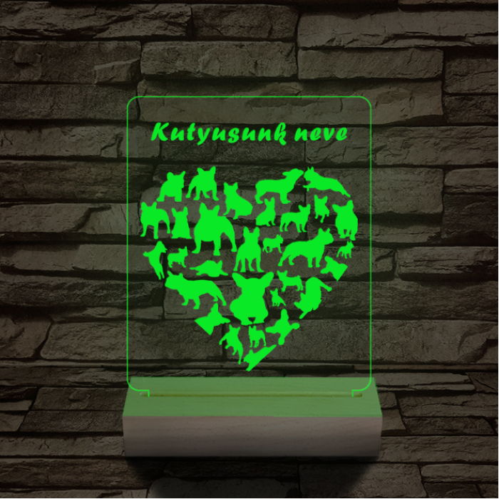 Francia bulldog szív személyre szabott 20 cm fa talppal 7 színű 3D led lámpa