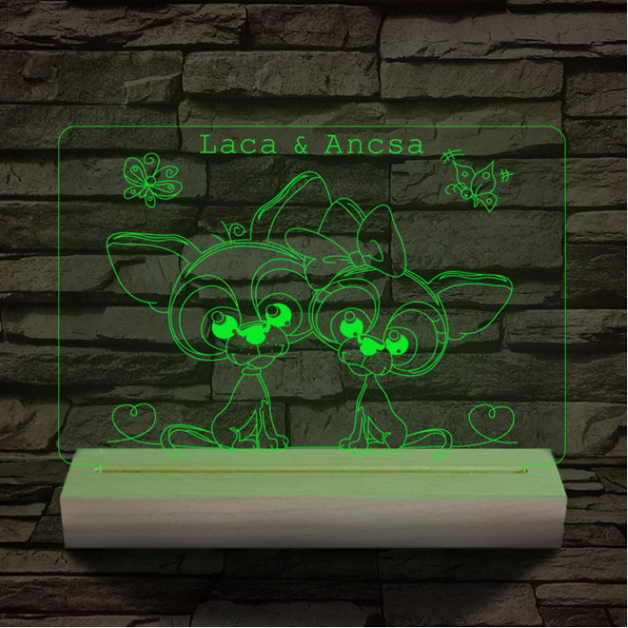 Kutyus szerelem személyre szabott 20 cm fa talppal 7 színű 3D led lámpa
