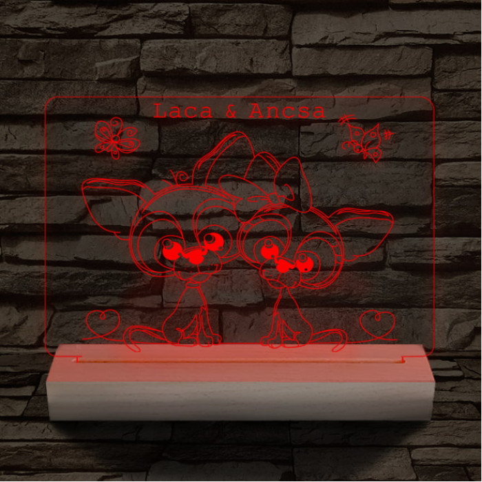 Kutyus szerelem személyre szabott 20 cm fa talppal 7 színű 3D led lámpa