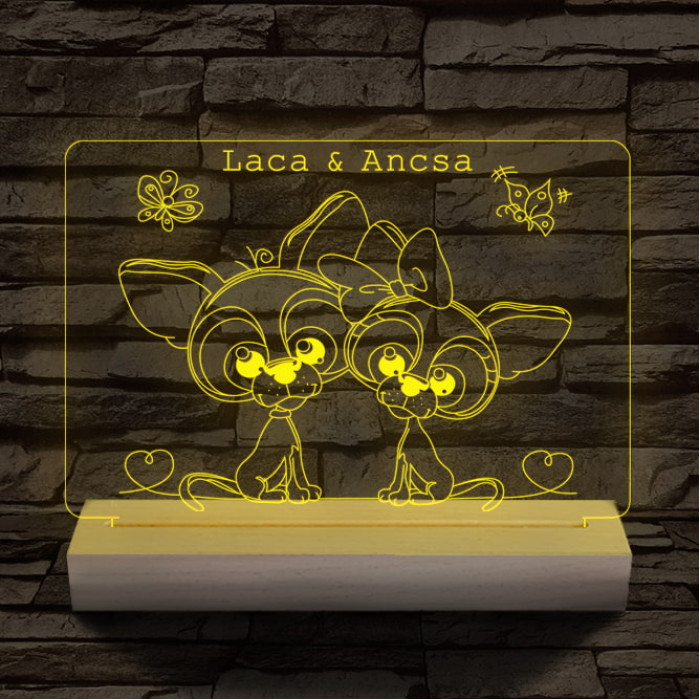 Kutyus szerelem személyre szabott 20 cm fa talppal 7 színű 3D led lámpa