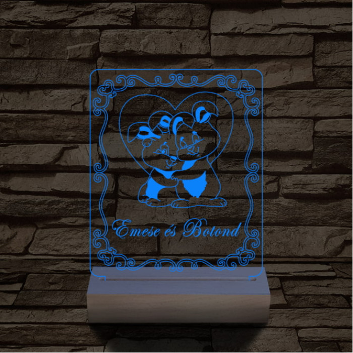 Nyuszi szerelem személyre szabott 20 cm fa talppal 7 színű 3D led lámpa