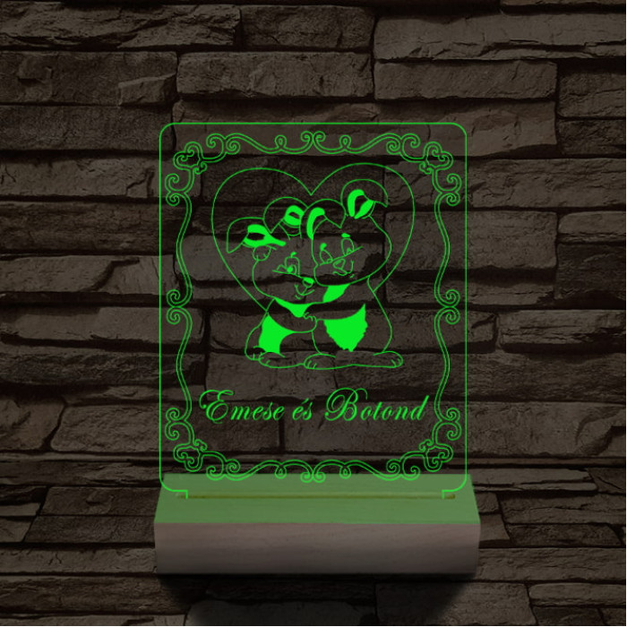 Nyuszi szerelem személyre szabott 20 cm fa talppal 7 színű 3D led lámpa