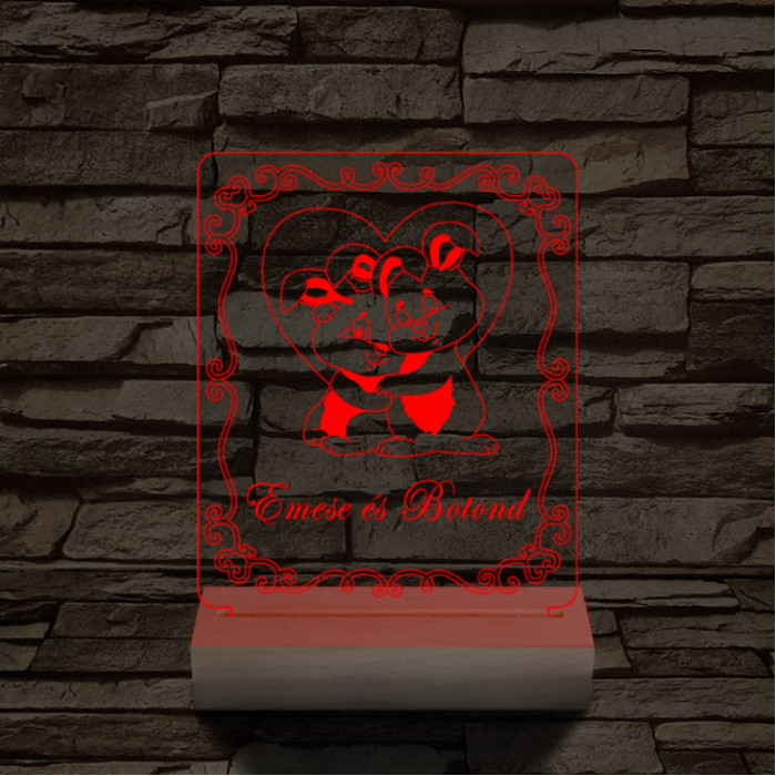 Nyuszi szerelem személyre szabott 20 cm fa talppal 7 színű 3D led lámpa