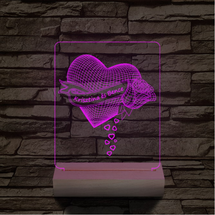 Szív rózsa személyre szabott 20 cm fa talppal 7 színű 3D led lámpa