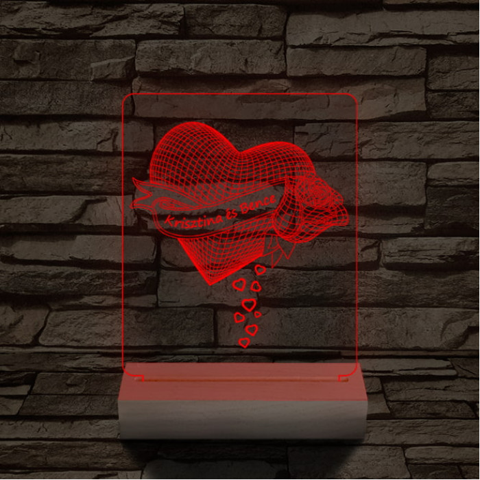 Szív rózsa személyre szabott 20 cm fa talppal 7 színű 3D led lámpa
