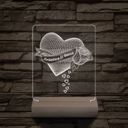 Szív rózsa személyre szabott 20 cm fa talppal 7 színű 3D led lámpa